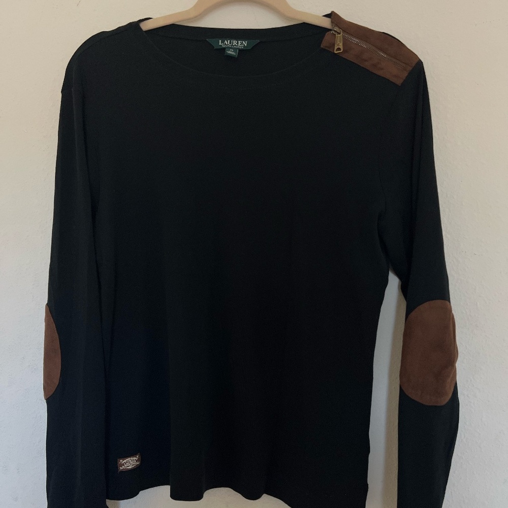 Lauren Ralph Lauren Black Top XL Brown Suede Elbow Patches Shoulder Zipper